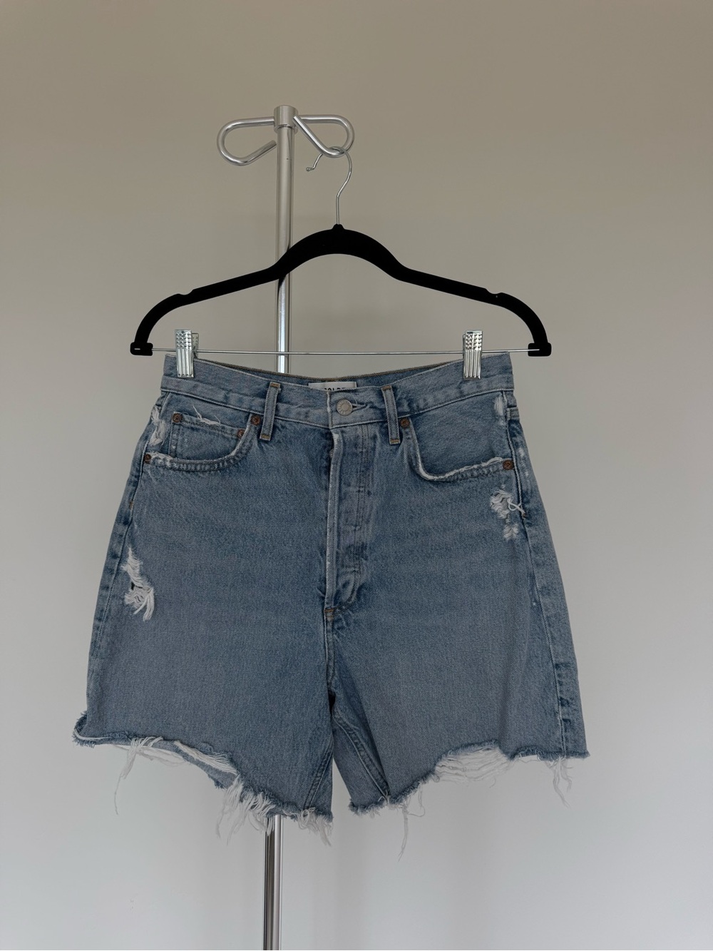 High-Rise Light Blue Distressed Denim Shorts